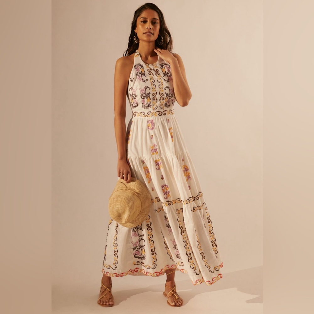 By Anthropologie Medallion embroided Halter Maxi Dress - Picture 1 of 16